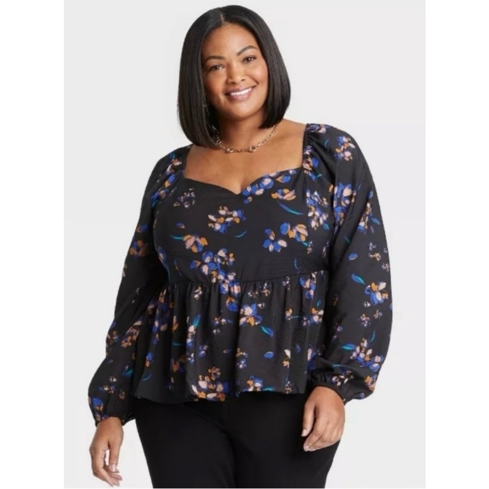 Ava & Viv Black Multicolor Floral Long Sleeve Smocked Peplum Top Sz‎ 1X NEW